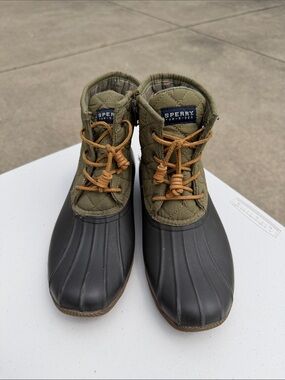 Sperry Olive Green Quilted Duck Boots with Black Rubber Toe